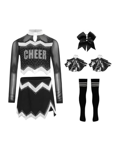 Agoky Mädchen Cheerleading Uniform Tanzkostüm Langarm Mesh Crop Top mit Rock und Sport Socken Handblumen Bowknot Bekleidungsset Wettbewerb Outfits Silber 146-152 Agoky Mädchen Cheerleading Uniform Tanzkostüm Langarm Mesh Crop Top mit Rock und Sport Socken Handblumen Bowknot Bekleidungsset Wettbewerb Outfits Silber 146-152 von Agoky