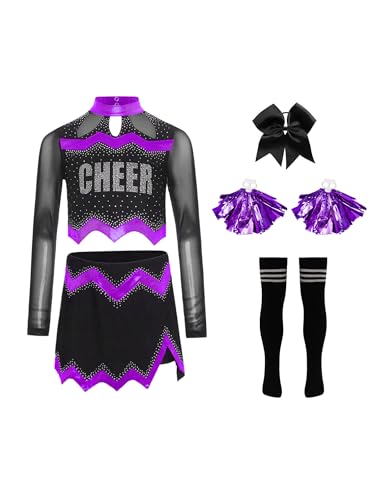 Agoky Mädchen Cheerleading Uniform Tanzkostüm Langarm Mesh Crop Top mit Rock und Sport Socken Handblumen Bowknot Bekleidungsset Wettbewerb Outfits Violett 110-116 Agoky Mädchen Cheerleading Uniform Tanzkostüm Langarm Mesh Crop Top mit Rock und Sport Socken Handblumen Bowknot Bekleidungsset Wettbewerb Outfits Violett 110-116 von Agoky