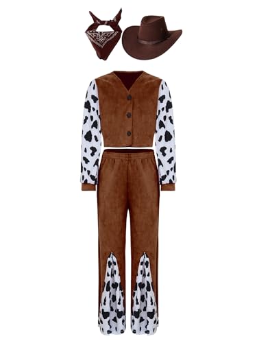 Agoky Mädchen Cowboy Kostüm Set aus Langarm Jacke Lange Hose mit Cowboyhut und Halstuch Cool Kuh Flecken Bekleidungsset Cowgirl Cosplay Outfits Braun 110-116 von Agoky