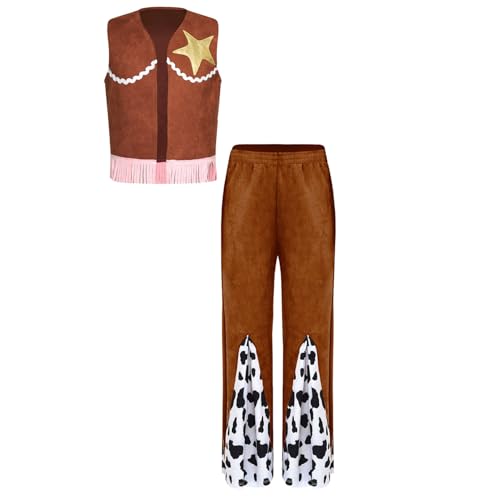 Agoky Mädchen Cowboy Kostüm Western Wildleder Optik Weste und Lange Hose mit Kuhflecken Film Spiel Figur Cosplay Halloween Party Outfits Braun 158-164 von Agoky