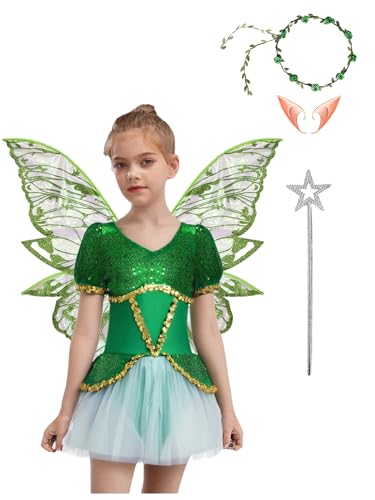 Agoky Mädchen Fee Prinzessin Kostüm Komplettes Set Pailletten Ballettkleider Tanzkleider mit Tüllrock + Schmetterling Flügel Elfen Ohren Zauberstab Haarband Grün 170 Agoky Mädchen Fee Prinzessin Kostüm Komplettes Set Pailletten Ballettkleider Tanzkleider mit Tüllrock + Schmetterling Flügel Elfen Ohren Zauberstab Haarband Grün 170 von Agoky