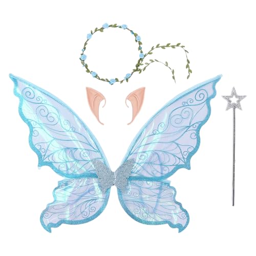 Agoky Mädchen Feenflügel mit Spitzohren Kranz Zauberstab Set Glitzernde Engelsflügel Märchenhaft Feen Cosplay Halloween Maskerade Blau Set One Size von Agoky