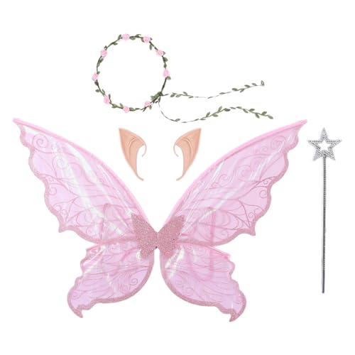 Agoky Mädchen Feenflügel mit Spitzohren Kranz Zauberstab Set Glitzernde Engelsflügel Märchenhaft Feen Cosplay Halloween Maskerade Rosa Set One Size von Agoky