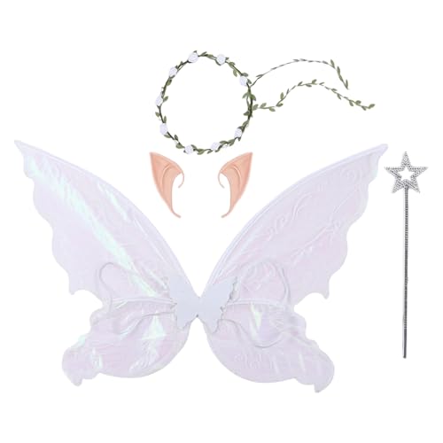 Agoky Mädchen Feenflügel mit Spitzohren Kranz Zauberstab Set Glitzernde Engelsflügel Märchenhaft Feen Cosplay Halloween Maskerade Weiß Set One Size von Agoky