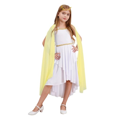 Agoky Mädchen Festliche Kleider Antike griechische Prinzessin Partykleider mit Chiffon Umhang Cape Toga Abendkleider Cocktailkleider + Blätter Haarband Gelb 134-140 von Agoky