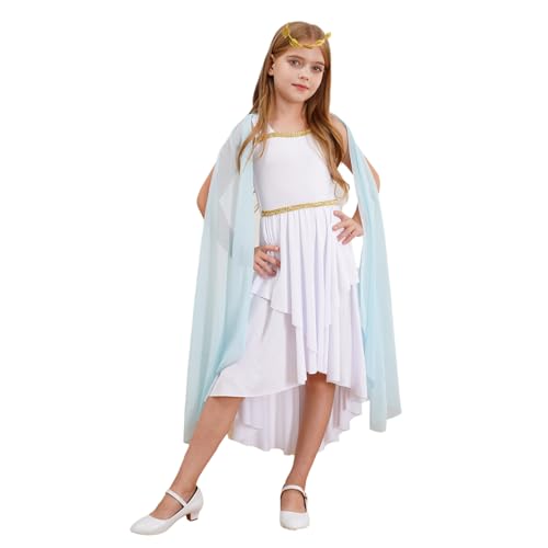 Agoky Mädchen Festliche Kleider Antike griechische Prinzessin Partykleider mit Chiffon Umhang Cape Toga Abendkleider Cocktailkleider + Blätter Haarband Hellblau 134-140 von Agoky