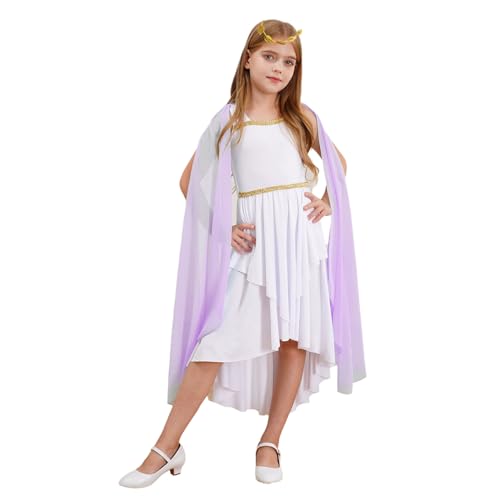 Agoky Mädchen Festliche Kleider Antike griechische Prinzessin Partykleider mit Chiffon Umhang Cape Toga Abendkleider Cocktailkleider + Blätter Haarband Lavendel 122-128 von Agoky