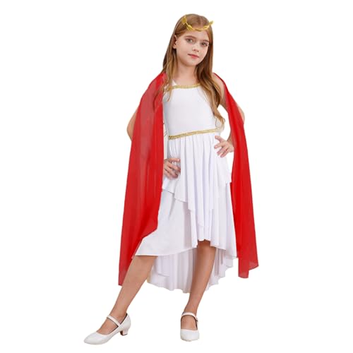 Agoky Mädchen Festliche Kleider Antike griechische Prinzessin Partykleider mit Chiffon Umhang Cape Toga Abendkleider Cocktailkleider + Blätter Haarband Rot 110-116 von Agoky