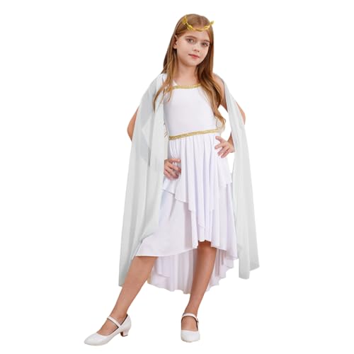 Agoky Mädchen Festliche Kleider Antike griechische Prinzessin Partykleider mit Chiffon Umhang Cape Toga Abendkleider Cocktailkleider + Blätter Haarband Weiß 134-140 von Agoky