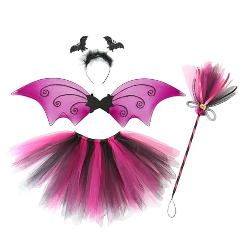 Agoky Mädchen Fledermaus Cosplay Set mit Stirnband + Fledermausflügel + Mesh Besen + Minirock Cosplay Karneval Halloween Party Hot Pink One Size von Agoky