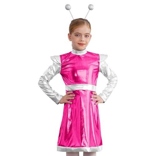 Agoky Mädchen Glänzend Alien Kleider mit Haarreifen Langarm Rollkragen Lederkleid Außerirdisches Leben Tanzkleider Farbblock Eiskunstlauf Bekleidung Hot Pink 146-152 von Agoky