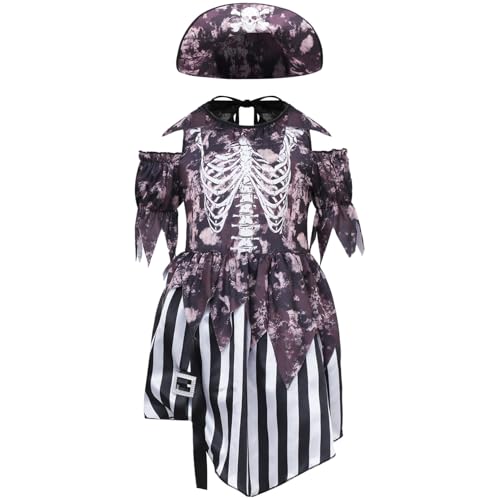 Agoky Mädchen Halloween Kostüm Mittelalterliches Piraten Kleid mit Freibeuter Hut Sklett Druck Partykleid Streifen Tutu Rock Cosplay Outfits Braun 110-122 von Agoky