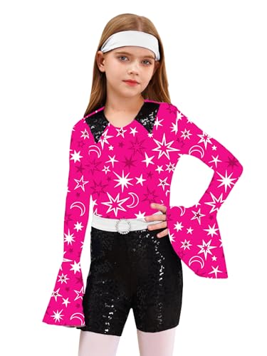 Agoky Mädchen Hippie Tanz Leotard 60er 70er Jahre Outfits Lange Glockenärmel Body Blumendruck Jumpsuit Overall mit Kurze Hose Stirnband Hot Pink 146-152 von Agoky