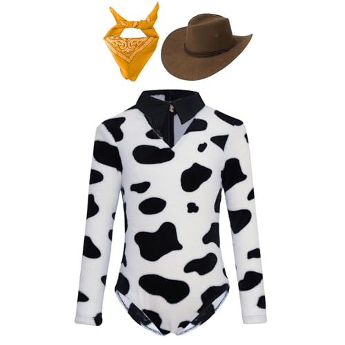 Agoky Mädchen Kuh Kostüm Langarm Body mit Tier Print Cowboyhut und Halstuch Western Cosplay Outfits Halloween Party Festzug Bekleidung Gelb 146-152 von Agoky