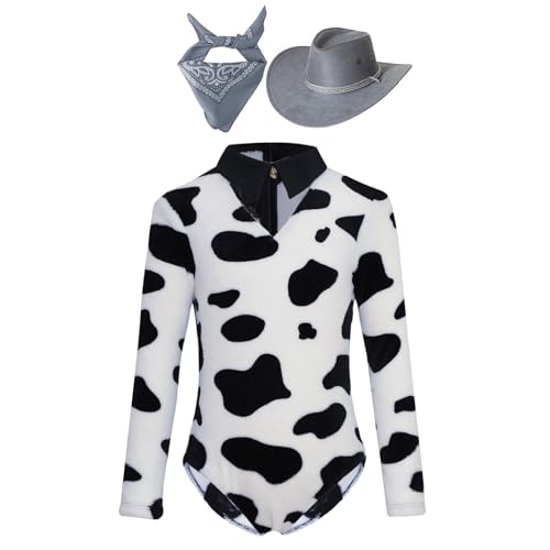 Agoky Mädchen Kuh Kostüm Langarm Body mit Tier Print Cowboyhut und Halstuch Western Cosplay Outfits Halloween Party Festzug Bekleidung Grau 134-140 von Agoky