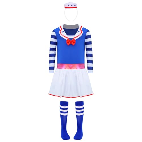 Agoky Mädchen Matrosen Uniform Langarm Kleid Partykleid mit Mütze und Kniestrümpfe Streifen Socken Kinderkostüm Bekleidungsset Cosplay Outfits Blau 110-116 von Agoky