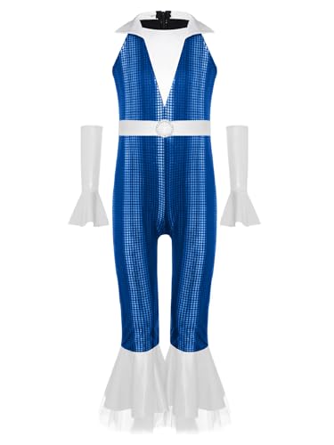 Agoky Mädchen Metallic Jumpsuit Neckholder Overall mit Lange Hose und Schlag + Glänzend Lange Handschuhe Retro Einteiler Disco Tanz Outfits Blau 158-164 Agoky Mädchen Metallic Jumpsuit Neckholder Overall mit Lange Hose und Schlag + Glänzend Lange Handschuhe Retro Einteiler Disco Tanz Outfits Blau 158-164 von Agoky