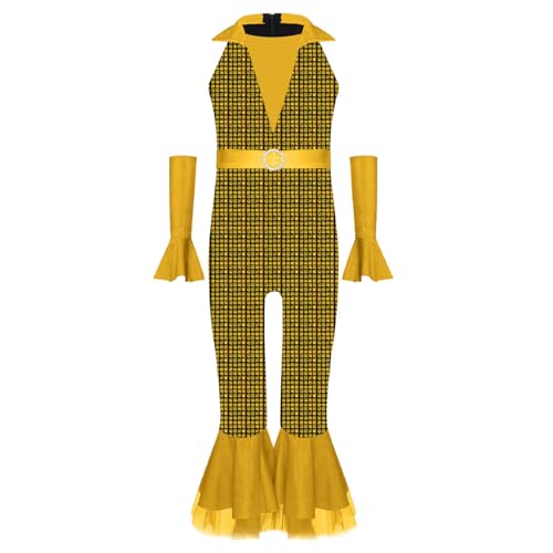 Agoky Mädchen Metallic Jumpsuit Neckholder Overall mit Lange Hose und Schlag + Glänzend Lange Handschuhe Retro Einteiler Disco Tanz Outfits Gold 170 Agoky Mädchen Metallic Jumpsuit Neckholder Overall mit Lange Hose und Schlag + Glänzend Lange Handschuhe Retro Einteiler Disco Tanz Outfits Gold 170 von Agoky