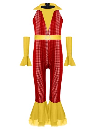 Agoky Mädchen Metallic Jumpsuit Neckholder Overall mit Lange Hose und Schlag + Glänzend Lange Handschuhe Retro Einteiler Disco Tanz Outfits Rot 170 Agoky Mädchen Metallic Jumpsuit Neckholder Overall mit Lange Hose und Schlag + Glänzend Lange Handschuhe Retro Einteiler Disco Tanz Outfits Rot 170 von Agoky