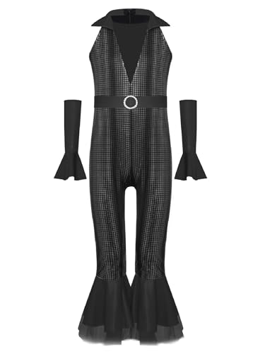 Agoky Mädchen Metallic Jumpsuit Neckholder Overall mit Lange Hose und Schlag + Glänzend Lange Handschuhe Retro Einteiler Disco Tanz Outfits Schwarz 170 Agoky Mädchen Metallic Jumpsuit Neckholder Overall mit Lange Hose und Schlag + Glänzend Lange Handschuhe Retro Einteiler Disco Tanz Outfits Schwarz 170 von Agoky