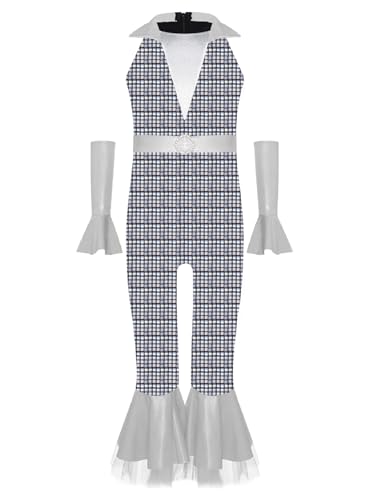 Agoky Mädchen Metallic Jumpsuit Neckholder Overall mit Lange Hose und Schlag + Glänzend Lange Handschuhe Retro Einteiler Disco Tanz Outfits Silber 158-164 Agoky Mädchen Metallic Jumpsuit Neckholder Overall mit Lange Hose und Schlag + Glänzend Lange Handschuhe Retro Einteiler Disco Tanz Outfits Silber 158-164 von Agoky