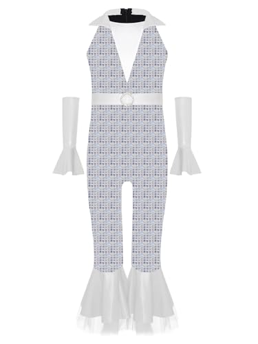 Agoky Mädchen Metallic Jumpsuit Neckholder Overall mit Lange Hose und Schlag + Glänzend Lange Handschuhe Retro Einteiler Disco Tanz Outfits Weiß 170 Agoky Mädchen Metallic Jumpsuit Neckholder Overall mit Lange Hose und Schlag + Glänzend Lange Handschuhe Retro Einteiler Disco Tanz Outfits Weiß 170 von Agoky
