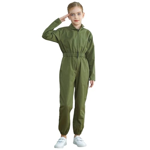 Agoky Mädchen Pilot Flieger Jumpsuit Overall Langarm Loose Fit Hemdbody Ganzkörper Bodysuit mit Lange Hose Elastischer Bund Pants mit Beinabschluss Armeegrün 122-128 von Agoky