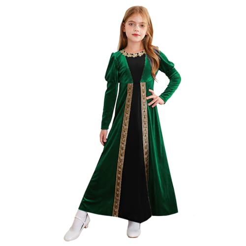 Agoky Mädchen Renaissance Prinzessin Kleid Mittelalter Gothic Vintage Vampire Velvet Maxikleid Puffärmel Karneval Fasching Party Outfits Grün 158-164 von Agoky