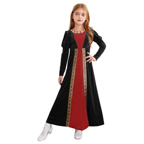 Agoky Mädchen Renaissance Prinzessin Kleid Mittelalter Gothic Vintage Vampire Velvet Maxikleid Puffärmel Karneval Fasching Party Outfits Schwarz 122-128 von Agoky