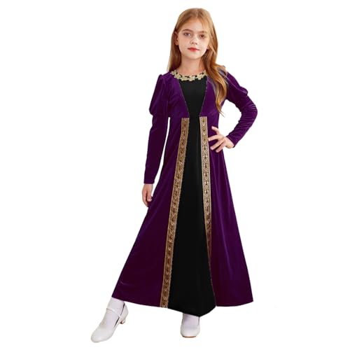 Agoky Mädchen Renaissance Prinzessin Kleid Mittelalter Gothic Vintage Vampire Velvet Maxikleid Puffärmel Karneval Fasching Party Outfits Violett 134-140 von Agoky