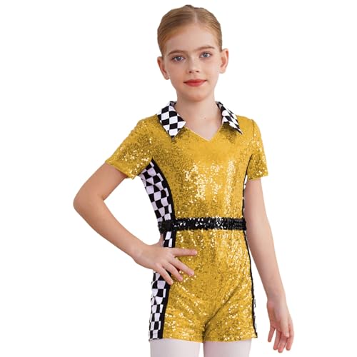 Agoky Mädchen Rennfahrer Kostüm Kurzarm Pailletten Trikot Metallic Hemdbody mit Bein Schachbrett Muster Leotard mit Reisverschluss Einteiler Overall Jumpsuit Gold 110-116 von Agoky