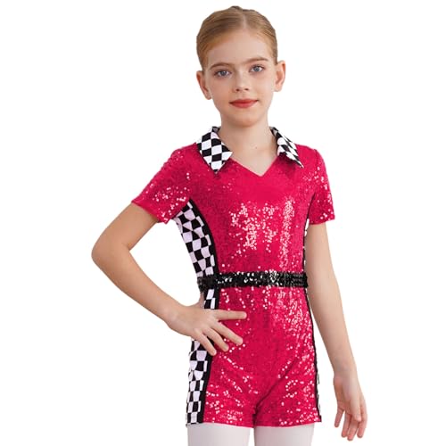 Agoky Mädchen Rennfahrer Kostüm Kurzarm Pailletten Trikot Metallic Hemdbody mit Bein Schachbrett Muster Leotard mit Reisverschluss Einteiler Overall Jumpsuit Hot Pink 110-116 von Agoky