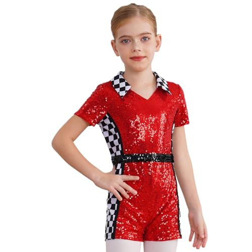 Agoky Mädchen Rennfahrer Kostüm Kurzarm Pailletten Trikot Metallic Hemdbody mit Bein Schachbrett Muster Leotard mit Reisverschluss Einteiler Overall Jumpsuit Rot 110-116 von Agoky