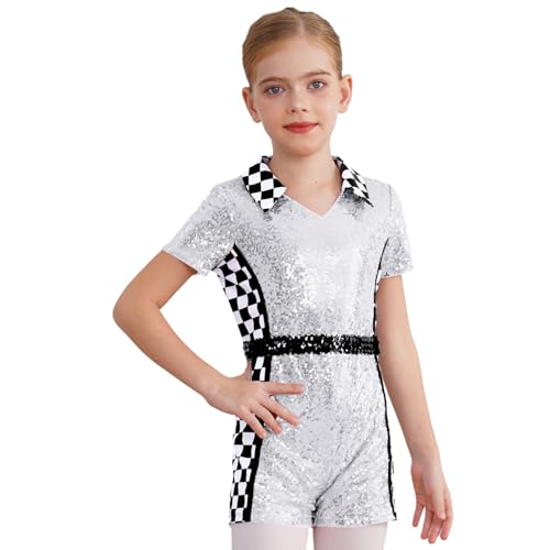 Agoky Mädchen Rennfahrer Kostüm Kurzarm Pailletten Trikot Metallic Hemdbody mit Bein Schachbrett Muster Leotard mit Reisverschluss Einteiler Overall Jumpsuit Silber 110-116 von Agoky