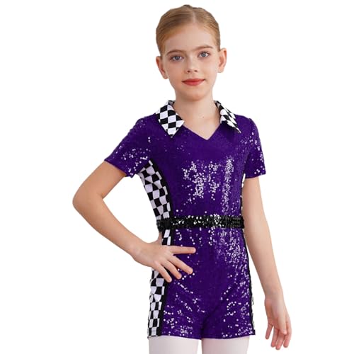 Agoky Mädchen Rennfahrer Kostüm Kurzarm Pailletten Trikot Metallic Hemdbody mit Bein Schachbrett Muster Leotard mit Reisverschluss Einteiler Overall Jumpsuit Violett 110-116 von Agoky