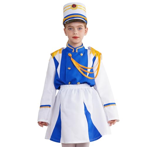 Agoky Mädchen Trommler Kostüm Set aus Militärische Jacke Rock und Mütze Einheitliche Blaskapelle Ehrengarde Uniform Gruppenkostüm Blau 176 von Agoky