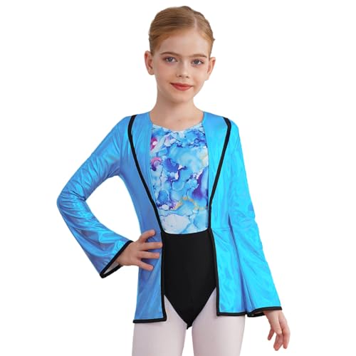 Agoky Mädchen Verrückter Wissenschaftler Kostüm Metallic Langarm Blazer Anzugjacke und Bunt Gedruckt Gymnastik Turn Leotard Trikot Halloween Outfits Blau 170 von Agoky