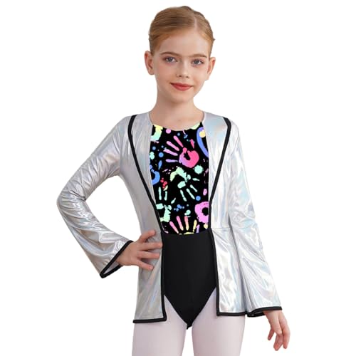 Agoky Mädchen Verrückter Wissenschaftler Kostüm Metallic Langarm Blazer Anzugjacke und Bunt Gedruckt Gymnastik Turn Leotard Trikot Halloween Outfits Rosa 146-152 von Agoky