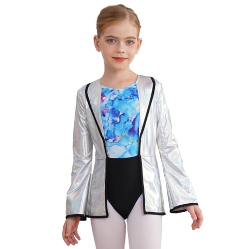 Agoky Mädchen Verrückter Wissenschaftler Kostüm Metallic Langarm Blazer Anzugjacke und Bunt Gedruckt Gymnastik Turn Leotard Trikot Halloween Outfits Silber Blau 170 von Agoky