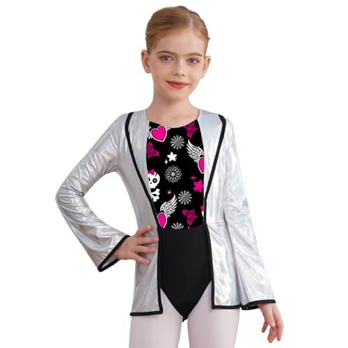 Agoky Mädchen Verrückter Wissenschaftler Kostüm Metallic Langarm Blazer Anzugjacke und Bunt Gedruckt Gymnastik Turn Leotard Trikot Halloween Outfits Silber und Pink 146-152 von Agoky