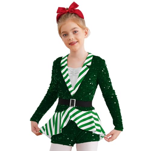 Agoky Mädchen Weihnachten Anzug Langarm Pailletten Streifen Body mit Bein Gürtel Metallic Gymnastikanzug Turnanzug Weihnachtsoutfits Grün 170 von Agoky