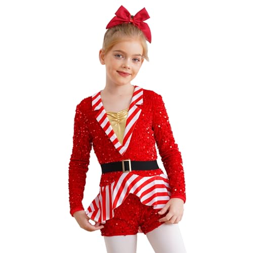 Agoky Mädchen Weihnachten Anzug Langarm Pailletten Streifen Body mit Bein Gürtel Metallic Gymnastikanzug Turnanzug Weihnachtsoutfits Rot 158-164 von Agoky