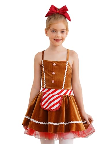 Agoky Mädchen Weihnachten Lebkuchenmann Kostüm Miss Santa Tanzkleid Spaghettiträger Ballettkleid mit Tutu Rock Kinder Xmas Outfit Braun 122-128 von Agoky