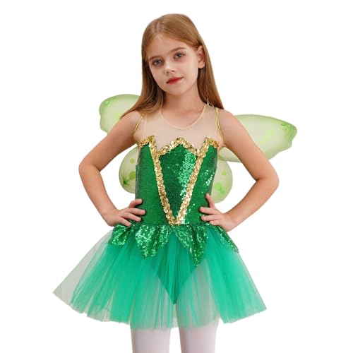 Agoky Mädchen Weihnachtselfen Elfen Kostüm Set Ärmellos Pailletten Tutu Kleider mit Elfenflügel Schmetterling Weihnachten Fasching Cosplay Outfits Grün 134-140 von Agoky