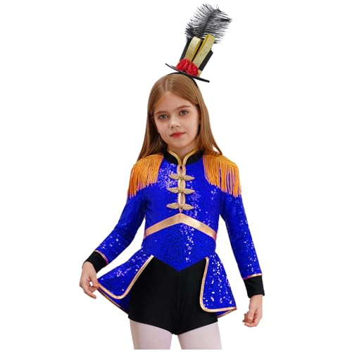 Agoky Mädchen Zirkus Kostüm Langarm Pailletten Kleid Ringmaster Uniform mit Royal Soldatin Hut Metallic Tanzkleid Halloween Cosplay Outfits Königsblau A 122-128 von Agoky