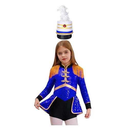 Agoky Mädchen Zirkus Kostüm Langarm Pailletten Kleid Ringmaster Uniform mit Royal Soldatin Hut Metallic Tanzkleid Halloween Cosplay Outfits Königsblau B 134-140 von Agoky