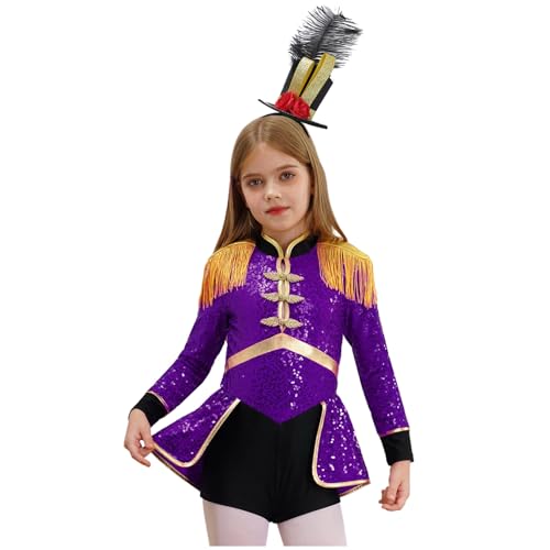 Agoky Mädchen Zirkus Kostüm Langarm Pailletten Kleid Ringmaster Uniform mit Royal Soldatin Hut Metallic Tanzkleid Halloween Cosplay Outfits Lila AC 110-116 von Agoky