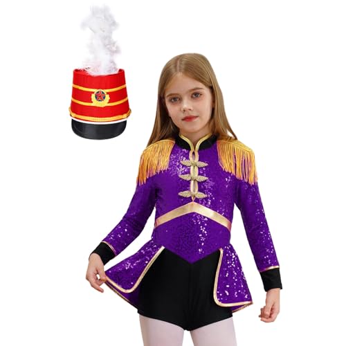 Agoky Mädchen Zirkus Kostüm Langarm Pailletten Kleid Ringmaster Uniform mit Royal Soldatin Hut Metallic Tanzkleid Halloween Cosplay Outfits Lila BC 122-128 von Agoky