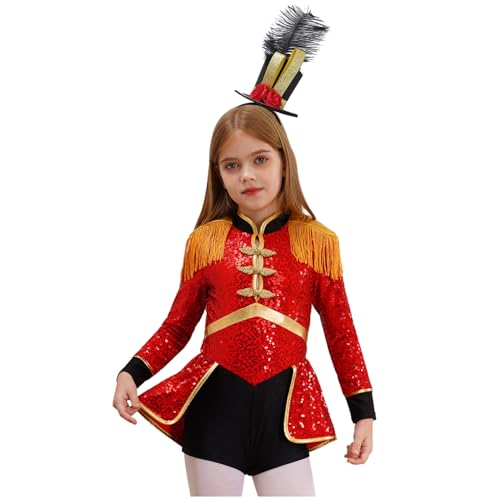 Agoky Mädchen Zirkus Kostüm Langarm Pailletten Kleid Ringmaster Uniform mit Royal Soldatin Hut Metallic Tanzkleid Halloween Cosplay Outfits Rot A 158-164 von Agoky