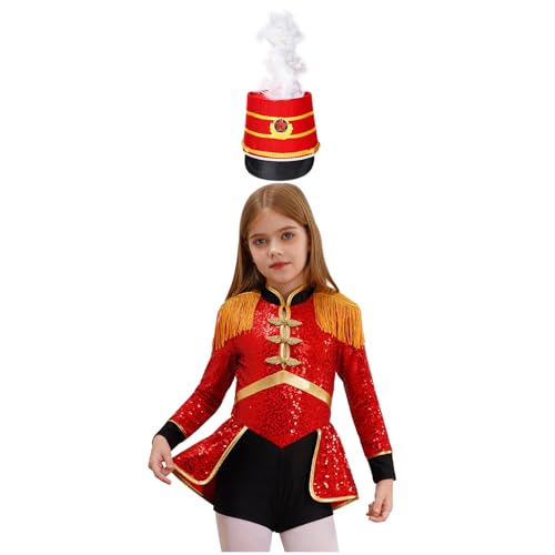 Agoky Mädchen Zirkus Kostüm Langarm Pailletten Kleid Ringmaster Uniform mit Royal Soldatin Hut Metallic Tanzkleid Halloween Cosplay Outfits Rot B 110-116 von Agoky